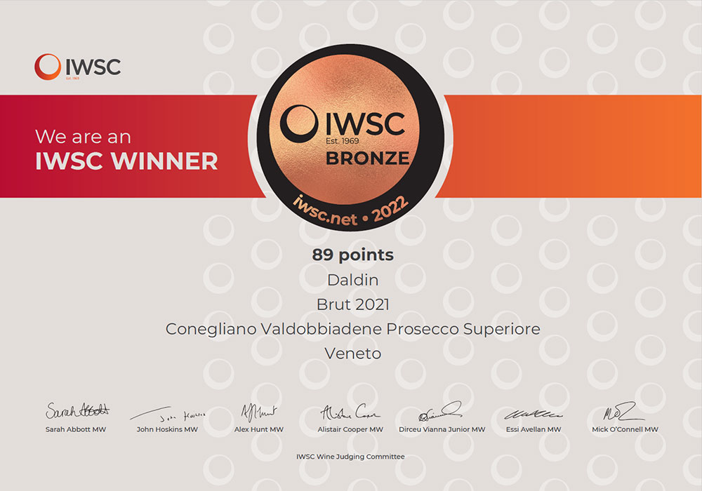 IWSC 2022 - Bronzo per il Valdobbiadene Prosecco Superiore DOCG Spumante Brut